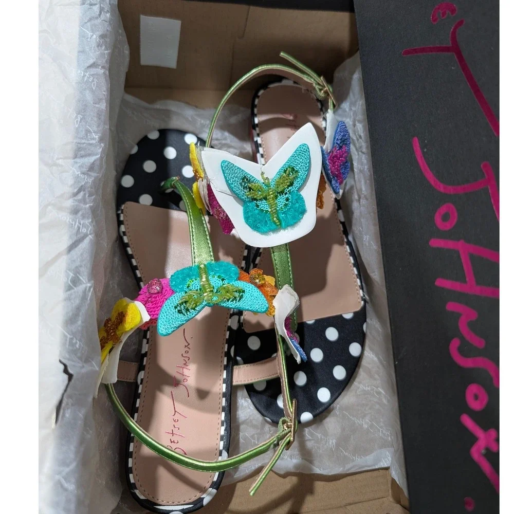 Betsey Johnson Halie Butterfly Floral Polka Dot Sandals Black Multi Size 7 NIB